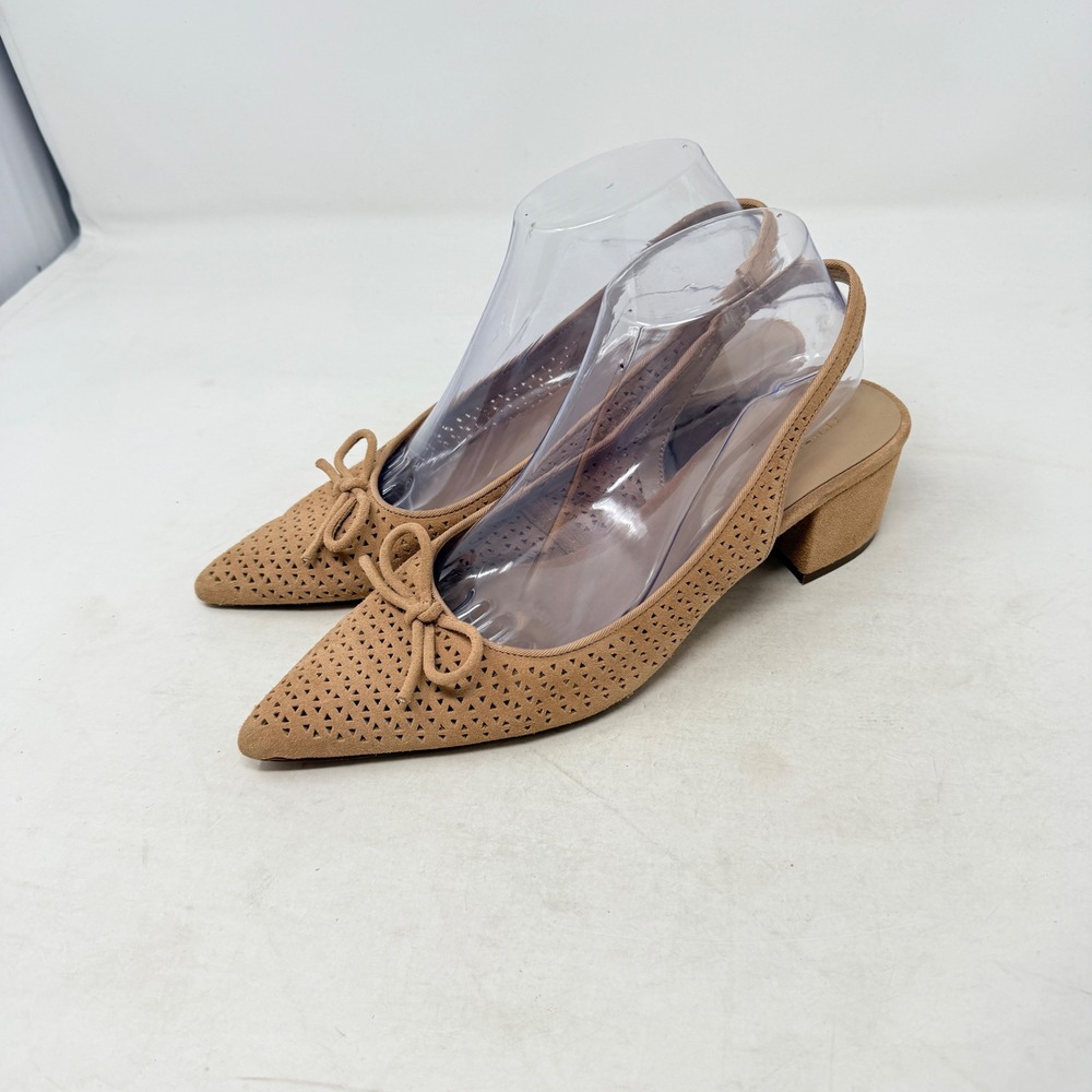 Ann Taylor Slingback Heels Tan 7.5M Perforated Suede Bow Pointed Toe Block Heel